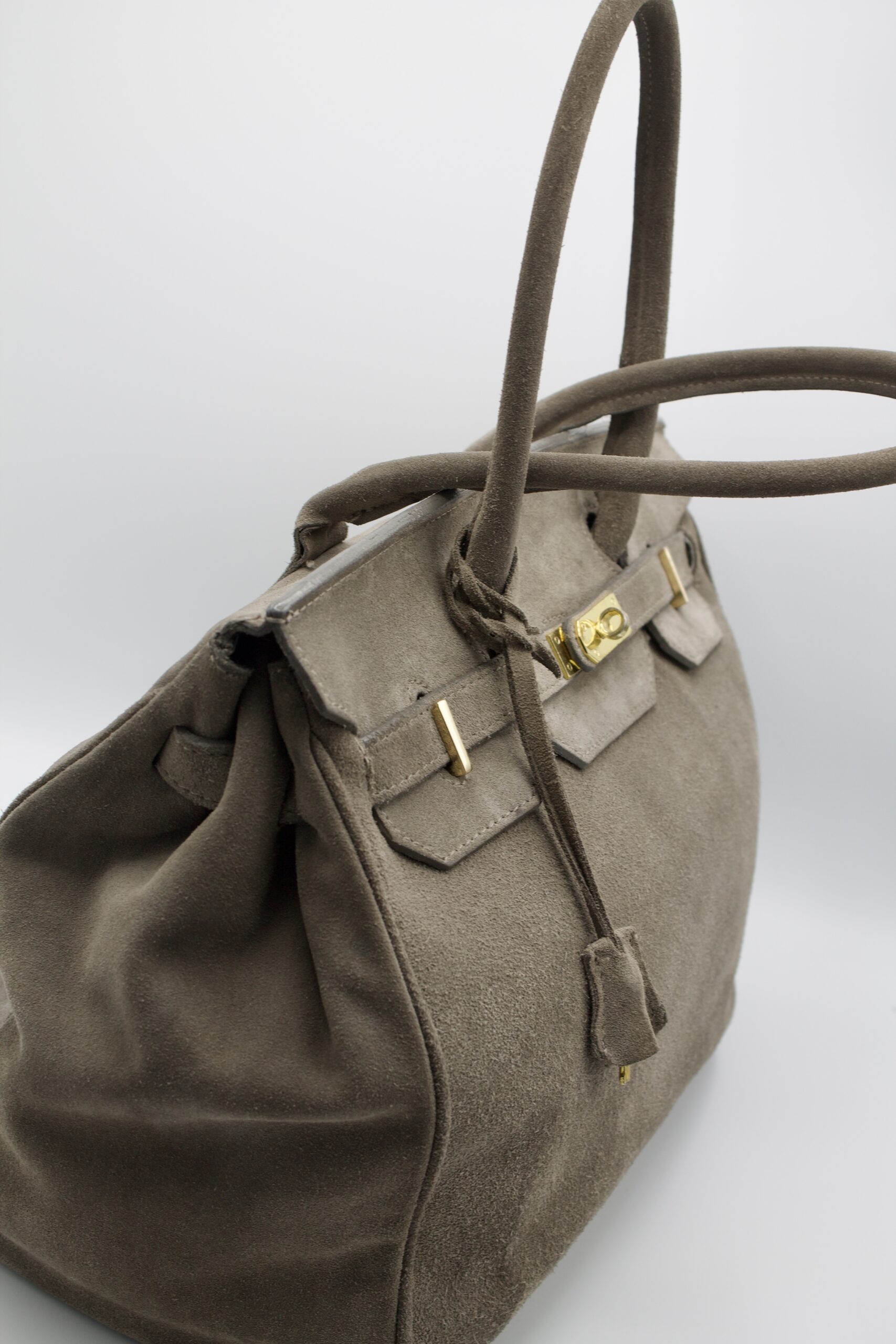 Borsa grande in vera pelle scamosciata grigia - modello simil Birkin - immagine 5