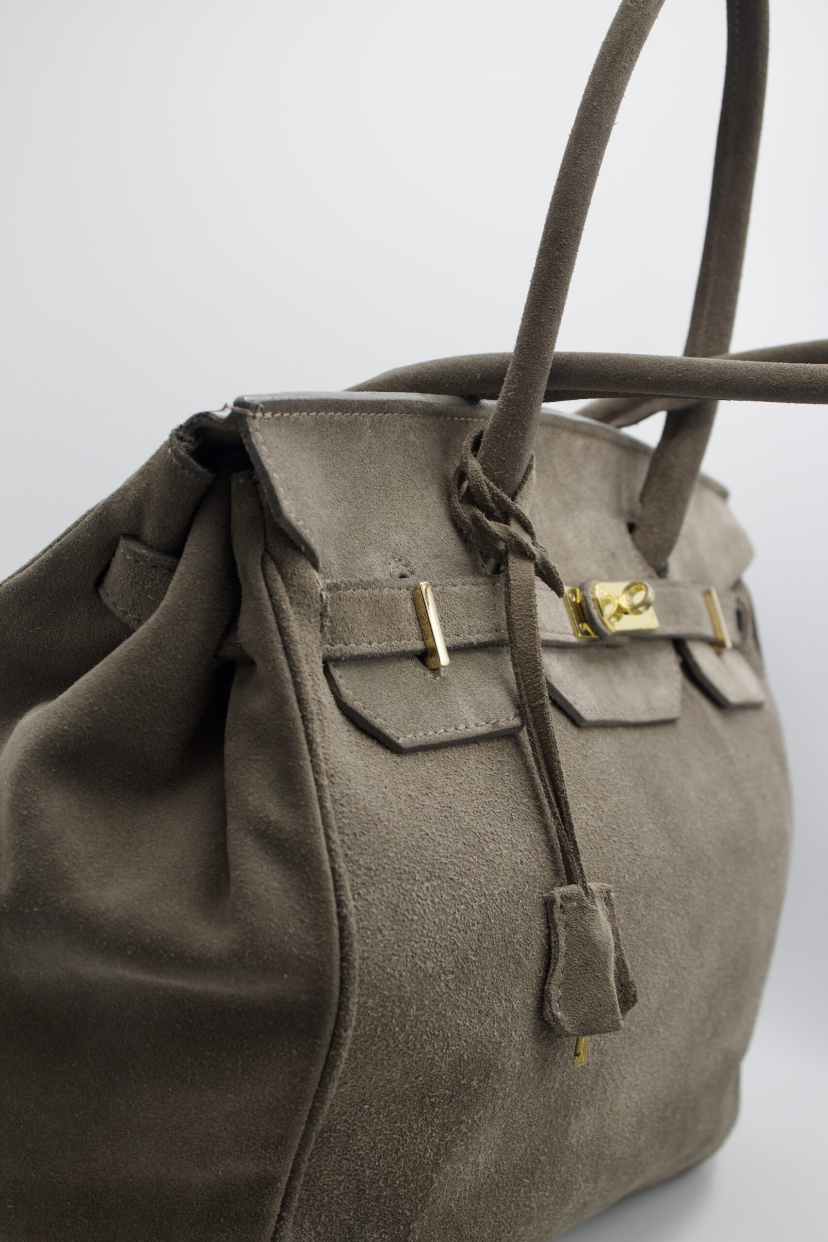 Borsa grande in vera pelle scamosciata grigia - modello simil Birkin - immagine 6