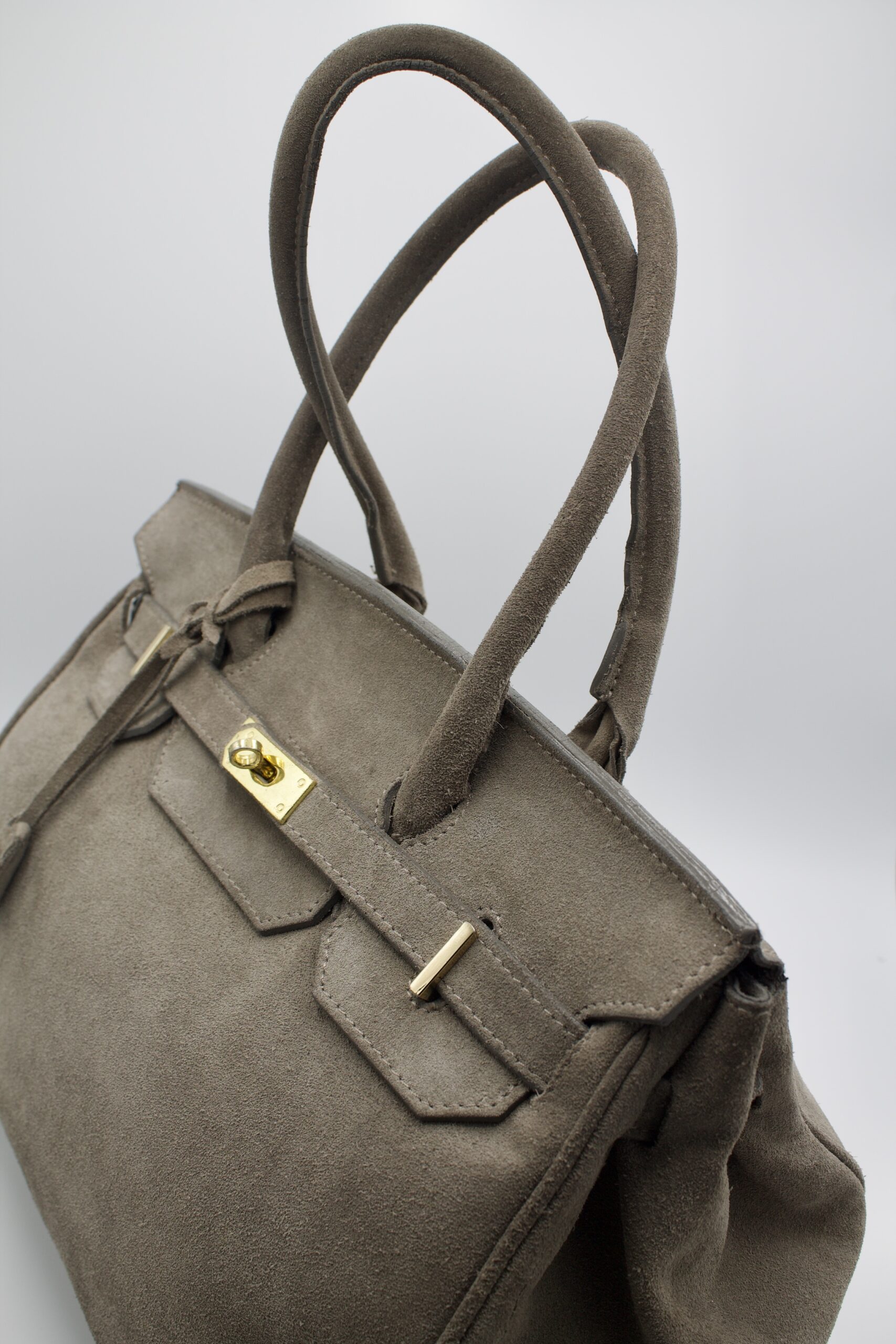 Borsa grande in vera pelle scamosciata grigia - modello simil Birkin - immagine 8
