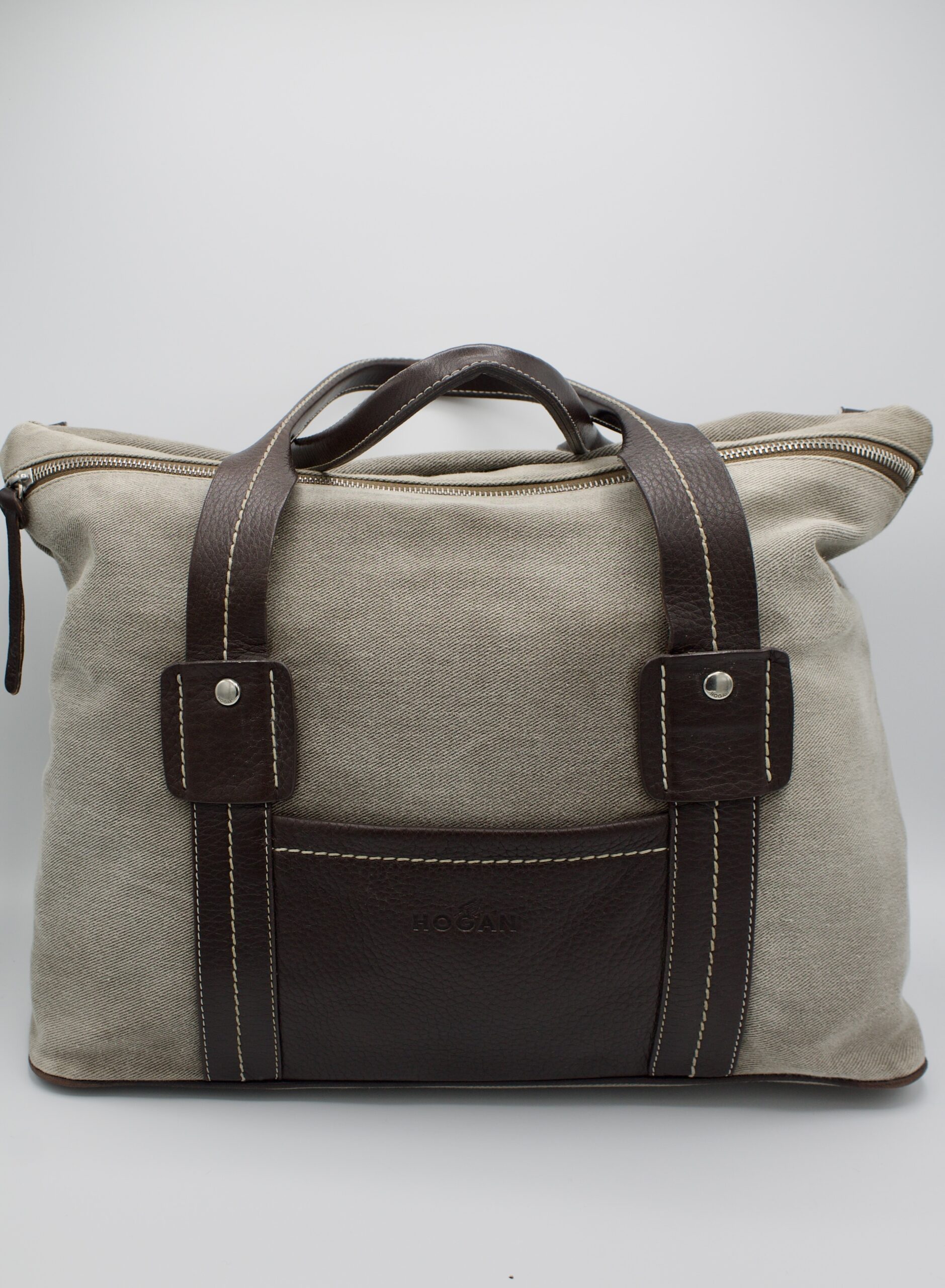Borsa Hogan in denim grigio con inserti in pelle marrone